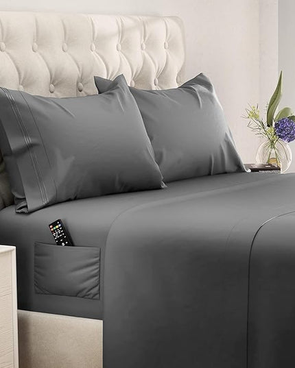 DREAMCARE Twin Sheets - Cooling Bed Sheets - 4pcs Set - up to 15" Deep Pocket Twin Bed Sheets - Twin Sheet Set - Bed Sheets Twin Soft Lasting 100% Fine Brushed Polyester with Side Pocket - D.Gray - LeafyLoom