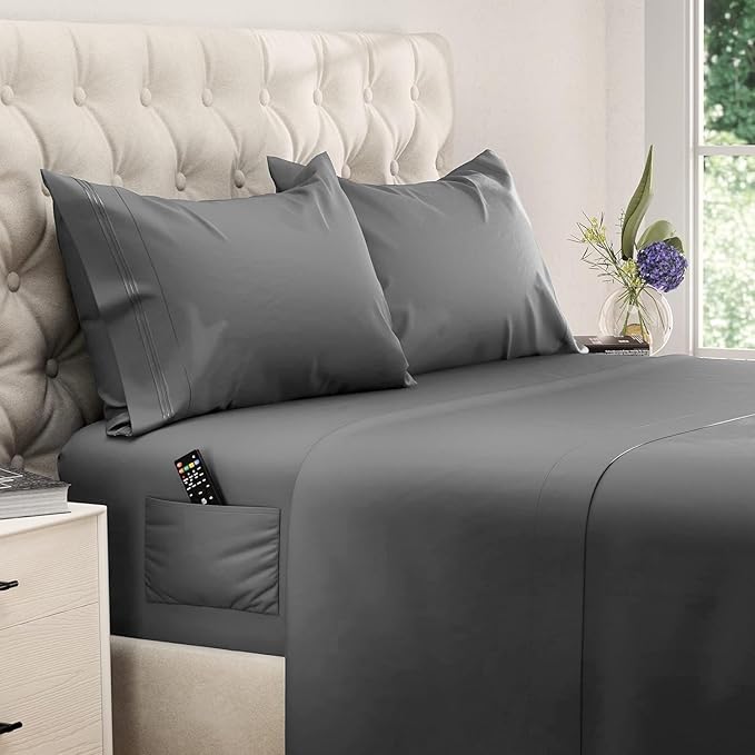 DREAMCARE Twin Sheets - Cooling Bed Sheets - 4pcs Set - up to 15" Deep Pocket Twin Bed Sheets - Twin Sheet Set - Bed Sheets Twin Soft Lasting 100% Fine Brushed Polyester with Side Pocket - D.Gray - LeafyLoom