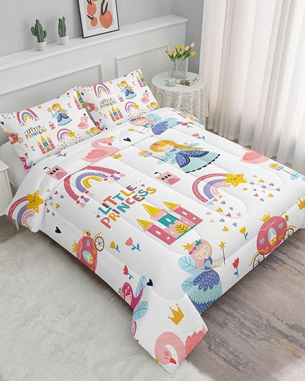 Datura home Girls Bedding Comforter Set Little Princess and Rainbow Castle Printed Pattern Quilt Bedding Set with 1 Comforter and 2 Pillowcases for Girls Bedroom All Season(Princess Twin) - LeafyLoom