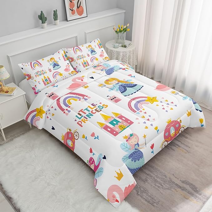 Datura home Girls Bedding Comforter Set Little Princess and Rainbow Castle Printed Pattern Quilt Bedding Set with 1 Comforter and 2 Pillowcases for Girls Bedroom All Season(Princess Full)80x90in - LeafyLoom