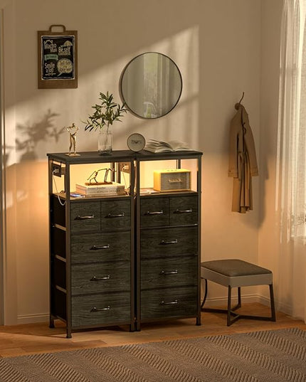 Furnulem Vertical Dresser with Charging Station and LED Lights, Black Chest of Drawers with Shelf and 5 Fabric Bins, Tall Nightstand for Entryway, Closet, Bedside Table, Wood Top, Bedroom Furniture - LeafyLoom