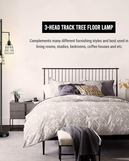 Industrial 3-Light Tree Floor Lamp with Cup-shaped Cages Farmhouse Rustic Tall Standing Lamp for Living Room Vintage Elegant Black Pole Light with Edison E26 Base Metal Shade for Bedroom Office Hotel - LeafyLoom