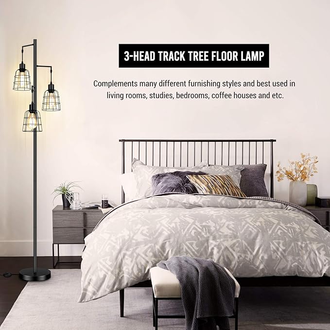 Industrial 3-Light Tree Floor Lamp with Cup-shaped Cages Farmhouse Rustic Tall Standing Lamp for Living Room Vintage Elegant Black Pole Light with Edison E26 Base Metal Shade for Bedroom Office Hotel - LeafyLoom