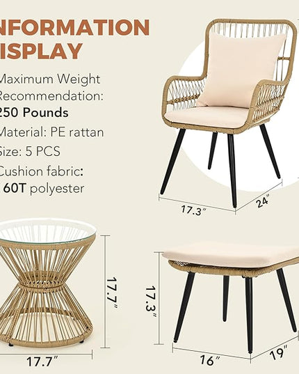 Pamapic 5 Piece Outdoor Patio Bistro Set, Conversation Sets with Ottoman, Rattan Wicker Outdoor Balcony Furniture Chairs for Poorside Garden Balcony, Cream - LeafyLoom
