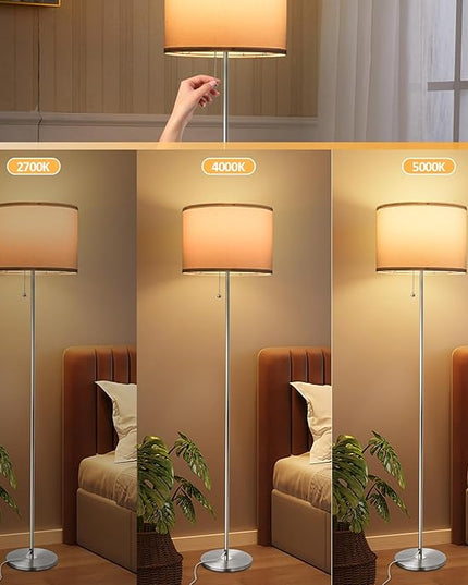 Floor Lamp, Modern Standing Lamps for Living Room with LED Bulb, 3 Color Temperature Simple Design Tall Lamps with Pull Chain Switch, Silver Pole Lamp with Lampshade for Office Reading - LeafyLoom