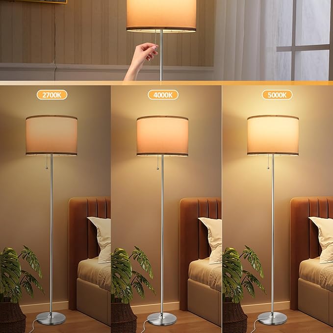 Floor Lamp, Modern Standing Lamps for Living Room with LED Bulb, 3 Color Temperature Simple Design Tall Lamps with Pull Chain Switch, Silver Pole Lamp with Lampshade for Office Reading - LeafyLoom