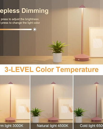 2-Pack 6000mAh Rechargeable LED Table Lamps,Outdoor Cordless Table Lamp Waterproof Portable, 3-Color Stepless Dimmable Modern Lamp for Restaurant/Bedroom(Pink) - LeafyLoom