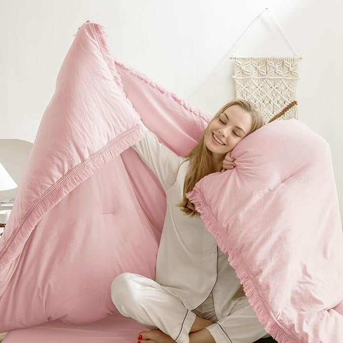 Andency Pink Comforter Set King Size for Girls, Boho Women Tassel Lightweight Bedding Comforter Sets, 3 Pieces All Season Soft Fluffy Fringe Bed Set (104x90In Comforter & 2 Pillowcases) - LeafyLoom