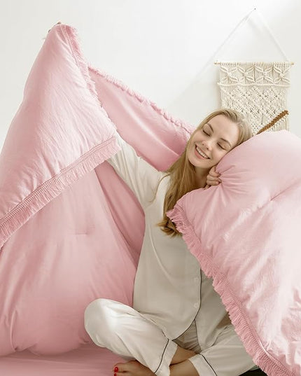 Andency Pink Tassel Comforter Set Full(79x90Inch), 3 Pieces(1 boho Comforter, 2 Pillowcases) Farmhouse Shabby Chic Comforter Set, Soft Microfiber Lightweight Fringe Bedding Comforter Set - LeafyLoom