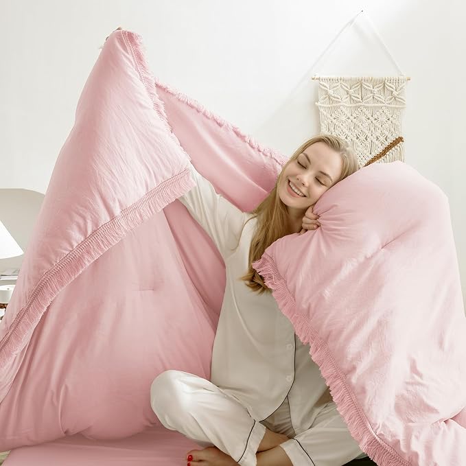 Andency Pink Tassel Comforter Set Full(79x90Inch), 3 Pieces(1 boho Comforter, 2 Pillowcases) Farmhouse Shabby Chic Comforter Set, Soft Microfiber Lightweight Fringe Bedding Comforter Set - LeafyLoom