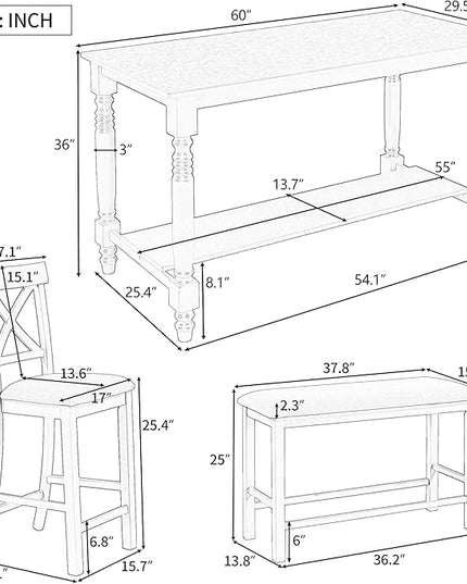 6-Piece Wood Counter Height Dining Set, Rectangular Table with Shelf, 4 Chairs and Bench for Kitchen, Breakfast Nook, Living Room, Espresso, 60" L x 29.5" W x 36" H - LeafyLoom