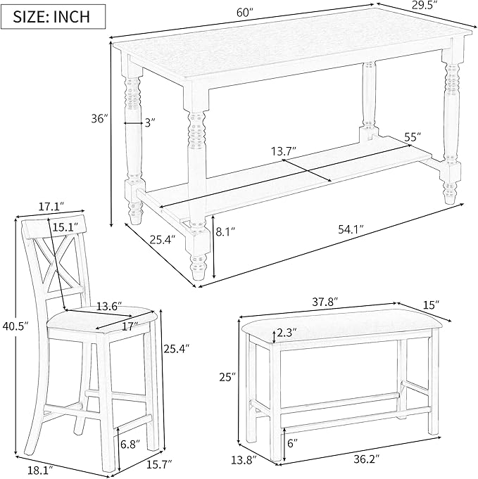 Kitchen 6-Piece Counter Height Set Table with Shelf 4 Chairs and Bench for Dining Room, Espresso - LeafyLoom