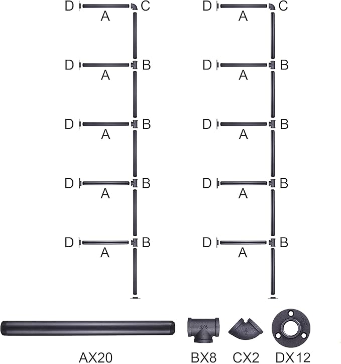 MUZIK Industrial Wall Mount Iron Pipe Shelf, DIY Open Farmhouse Bookshelf, Kitchen/Bathroom Floating Shelves, Pipe Shelves for Bedroom & Living Room (2 Pcs 5 Tier Hardware Only) - LeafyLoom