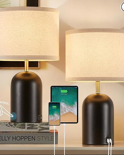 Touch Control Table Lamps Set of 2, Modern Bedside Lamp with 2 USB Ports, 3-Way Dimmable Gold and Black Nightstand Lamp with Fabric Shade for Living Room Bedroom Office Dorm(LED Bulbs Included) - LeafyLoom
