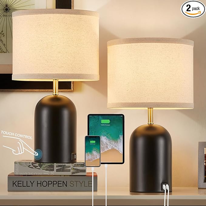 Touch Control Table Lamps Set of 2, Modern Bedside Lamp with 2 USB Ports, 3-Way Dimmable Gold and Black Nightstand Lamp with Fabric Shade for Living Room Bedroom Office Dorm(LED Bulbs Included) - LeafyLoom