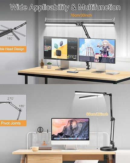 2-in-1 LED Desk Lamp, 24W Brightestwith Table Lamp with Clamp, Desk Light with Flexible Swing Arm,3 Color Modes Stepless Dimmable Double Head Architect Desk Lamps for Home Office Workbench Reading - LeafyLoom