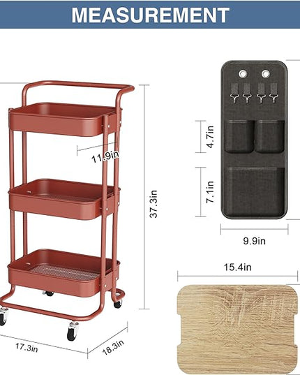 DTK 3 Tier Metal Utility Rolling Cart with Table Top and Side Bags, Tray Storage Organizer Wheels, Art Craft 4 Hooks for Kitchen Bathroom Office Living Room(Red) - LeafyLoom