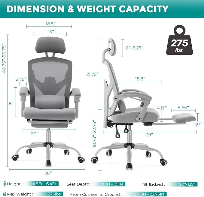 MCQ Office Computer Desk Chair, Gaming Chairs for Adults, High-Back Mesh Rolling Swivel Reclining Chairs with Wheels, Comfortable Lumbar Support, Comfy Arms for Home, Office, Gaming, Student, Grey - LeafyLoom
