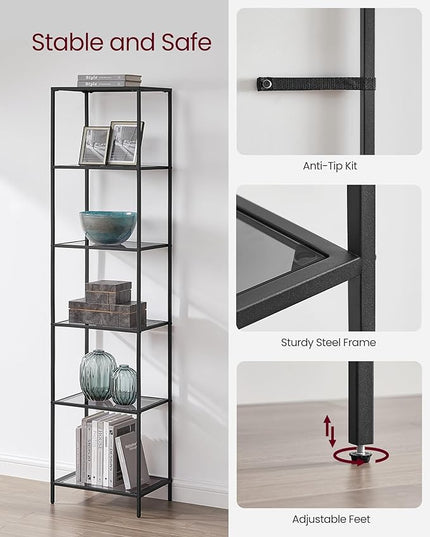 VASAGLE Bookcase, 6-Tier Bookshelf, Slim Shelving Unit for Bedroom, Bathroom, Home Office, Tempered Glass, Steel Frame, Ink Black and Slate Gray ULGT500G01 - LeafyLoom