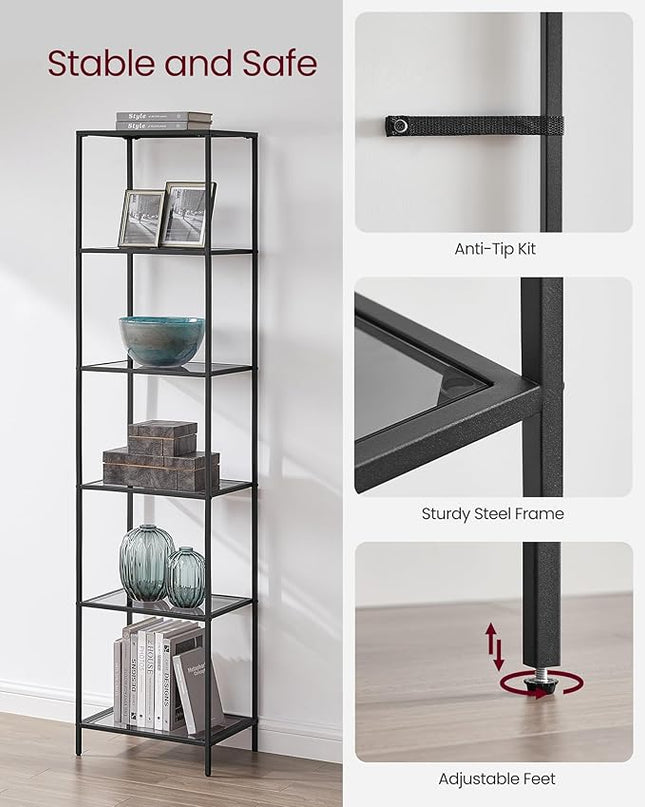 VASAGLE Bookcase, 6-Tier Bookshelf, Slim Shelving Unit for Bedroom, Bathroom, Home Office, Tempered Glass, Steel Frame, Ink Black and Slate Gray ULGT500G01 - LeafyLoom