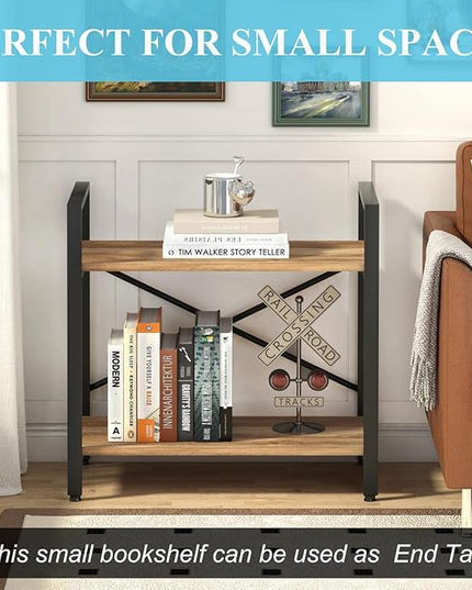 BON AUGURE Small Bookshelf for Small Space, Industrial 2 Tier Wood Metal Bookcase, Rustic Short Book Shelf for Living Room, Bedroom and Office (Vintage Oak) - LeafyLoom