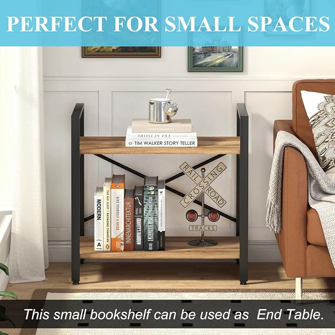 BON AUGURE Small Bookshelf for Small Space, Industrial 2 Tier Wood Metal Bookcase, Rustic Short Book Shelf for Living Room, Bedroom and Office (Vintage Oak) - LeafyLoom