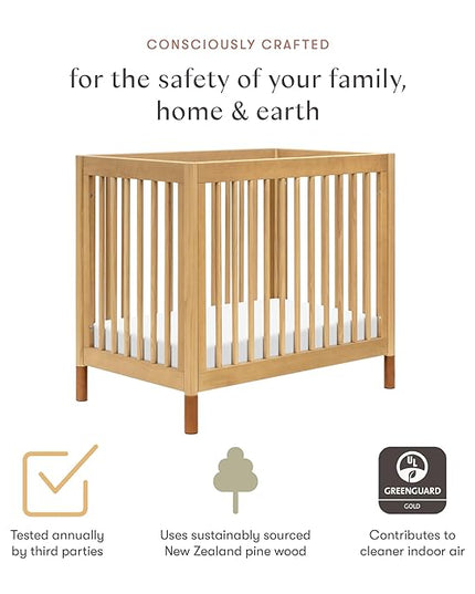 babyletto Gelato 4-in-1 Convertible Mini Crib with Toddler Bed Conversion in Honey with Vegan Tan Leather Feet, Greenguard Gold Certified - LeafyLoom