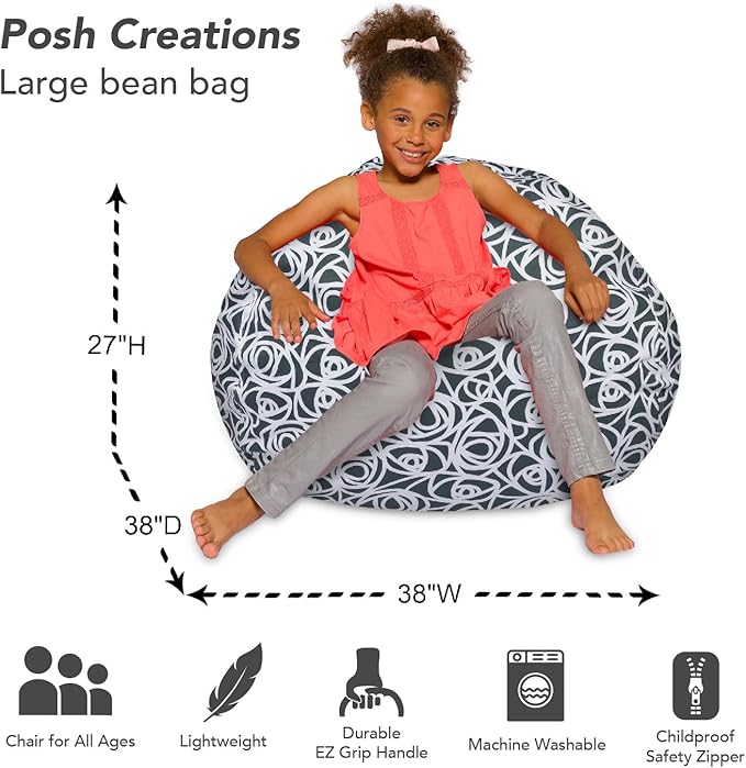 Posh Creations Bean Bag Chair for Kids, Teens, and Adults Includes Removable and Machine Washable Cover, 38in - Large, Canvas Roses Gray - LeafyLoom
