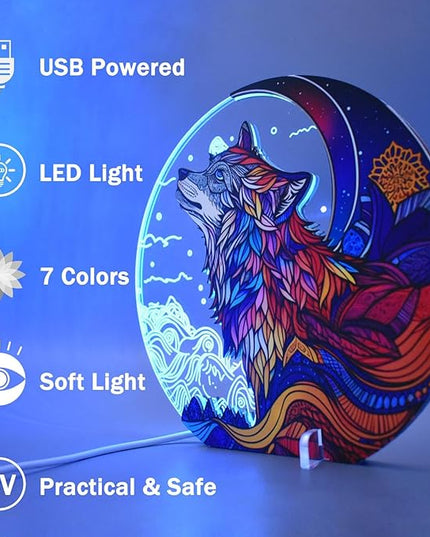 Cute Wolf Decor Night Light USB Powered LED Night Lights for Kids Bedroom 7 Colors LED Lamp Wooden Night Lamp for Room Decor Aesthetic - LeafyLoom