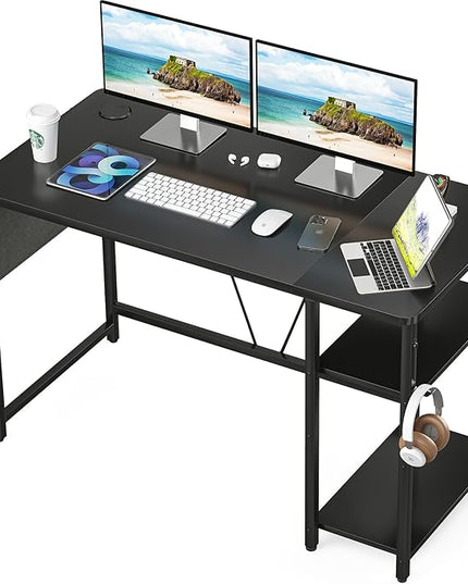 Computer Desk, 47.2” Home Office Desks, Modern Small Desk for Bedroom, Gaming Desk with Iron Hook and Height Adjustable Feet, Sturdy Student Writing Desk with Storage Bag, Storage Shelves - LeafyLoom