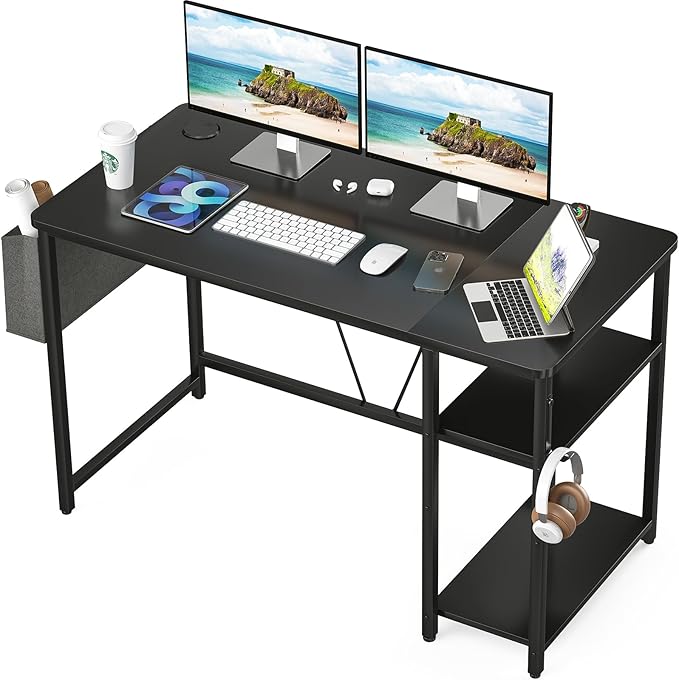 Computer Desk, 47.2” Home Office Desks, Modern Small Desk for Bedroom, Gaming Desk with Iron Hook and Height Adjustable Feet, Sturdy Student Writing Desk with Storage Bag, Storage Shelves - LeafyLoom