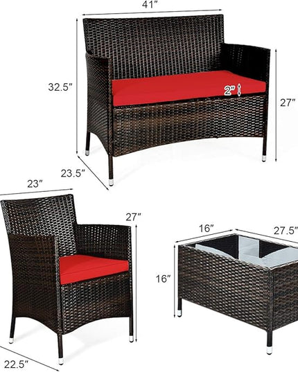 Goplus 4-Piece Rattan Patio Set, Outdoor/Indoor Wicker Conversation Set for Pool, Backyard, Lawn, Wicker Chairs and Sofa with Soft Cushion, Rattan Furniture with Tempered Glass Coffee Table - LeafyLoom