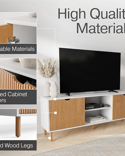 Contemporary Fluted TV Stand - Media Console - 70” Entertainment Center Console Table with Storage for Living Room - Fits 32 to 80" TVs (White and Oak) - LeafyLoom