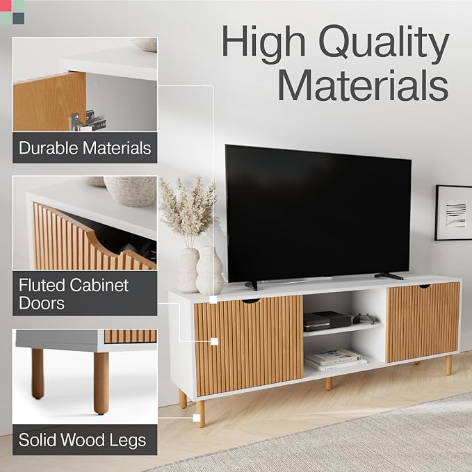 Contemporary Fluted TV Stand - Media Console - 70” Entertainment Center Console Table with Storage for Living Room - Fits 32 to 80" TVs (White and Oak) - LeafyLoom
