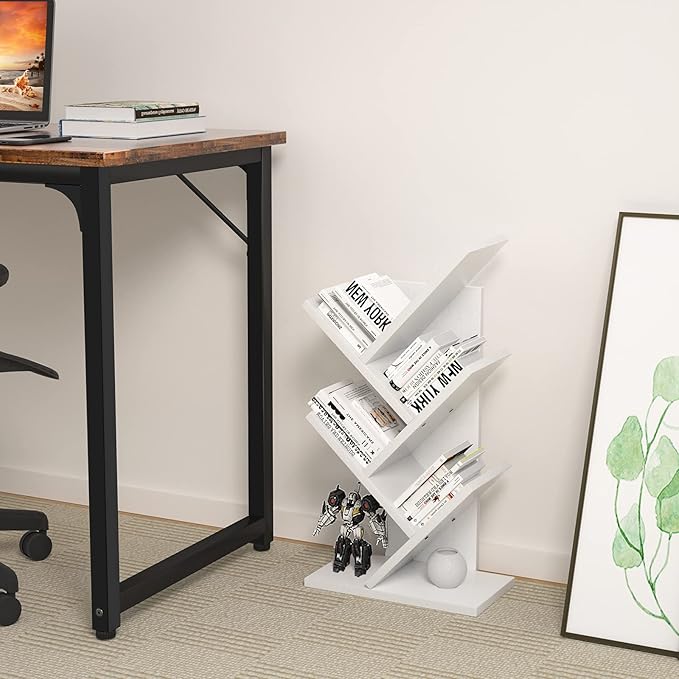 Topfurny Tree Bookshelf, 4-Tier Book Storage Organizer Shelves Floor Standing Bookcase, Wood Storage Rack for Office Home School Shelf Display for Cd/Magazine/Book -White - LeafyLoom