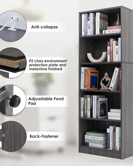 5 Shelf Wood Bookcase Freestanding Display Shelf Adjustable Layers Bookshelf for Home Office Library Small Narrow Space (Grey, 5-Layers,24.4W x 11.6D x 68.9H inch) - LeafyLoom
