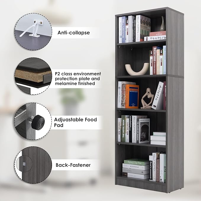 5 Shelf Wood Bookcase Freestanding Display Shelf Adjustable Layers Bookshelf for Home Office Library Small Narrow Space (Grey, 5-Layers,24.4W x 11.6D x 68.9H inch) - LeafyLoom
