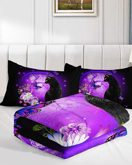 Black Cat Bedding Cartoon Cat Comforter Set Queen,Daisy Butterflies Printed Kids Bedding Set for Kids Boys Girls Adults Room Decor,Kids Comforter Set All Season,1 Quilt 2 Pillow Cases,Purple - LeafyLoom
