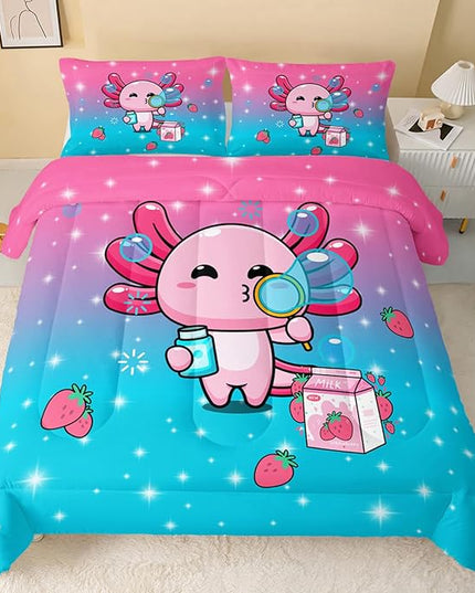Kawaii Axolotl Comforter,Pink Salamander Comforter Set for Kids Teens Girls,3Pcs Bedding Set Printed Comforter with 2 Pillowcases,Down Alternative,Soft and Lightweight(Pink，Twin Size) - LeafyLoom