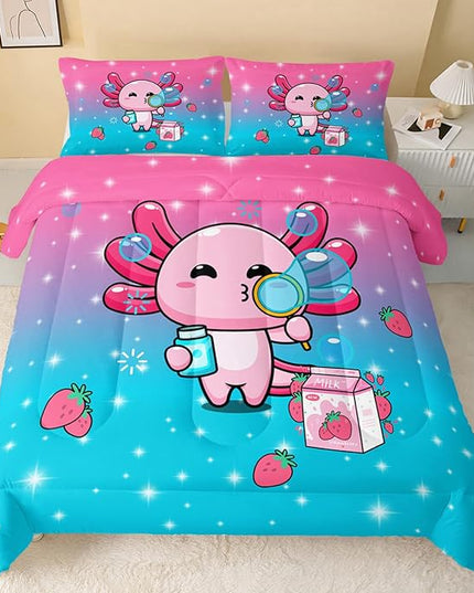 Kawaii Axolotl Comforter,Pink Salamander Comforter Set for Kids Teens Girls,3Pcs Bedding Set Printed Comforter with 2 Pillowcases,Down Alternative,Soft and Lightweight(Pink，Full Size) - LeafyLoom