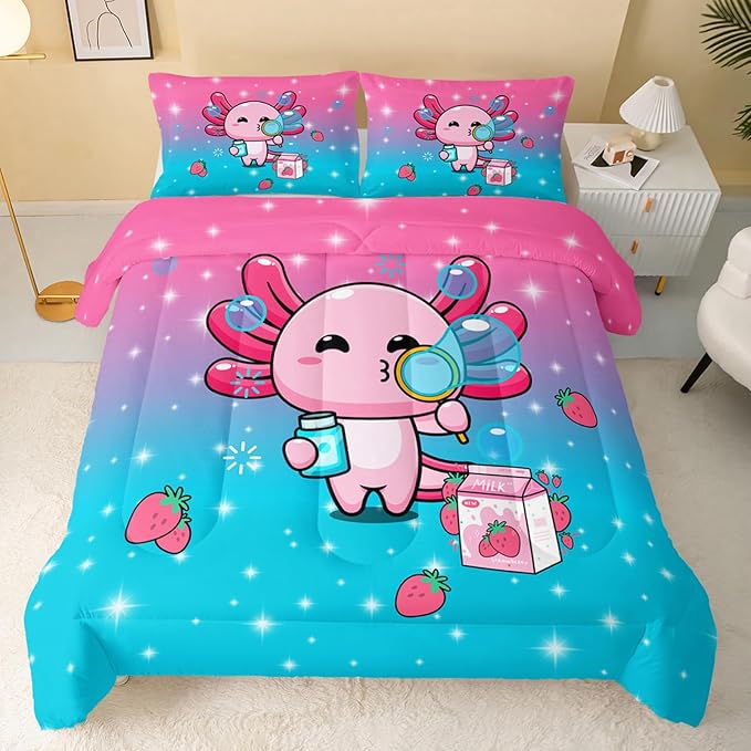 Kawaii Axolotl Comforter,Pink Salamander Comforter Set for Kids Teens Girls,3Pcs Bedding Set Printed Comforter with 2 Pillowcases,Down Alternative,Soft and Lightweight(Pink，Full Size) - LeafyLoom