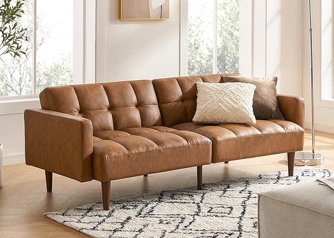 mopio Aaron Couch, Small Sofa, Futon, Sofa Bed, Sleeper Sofa, Loveseat, Mid Century Modern Futon Couch, Sofa Cama, Couches for Living Room, Bedroom (Pecan Brown, Faux Leather) - LeafyLoom