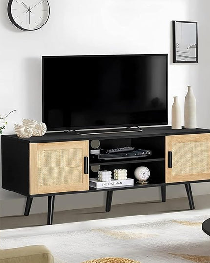 Iwell Rattan TV Stand for 60 Inch TV, Entertainment Center with 2 Cabinets & Adjustable Shelf, Rattan TV Console, Media Console for Living Room, Black+Natural - LeafyLoom