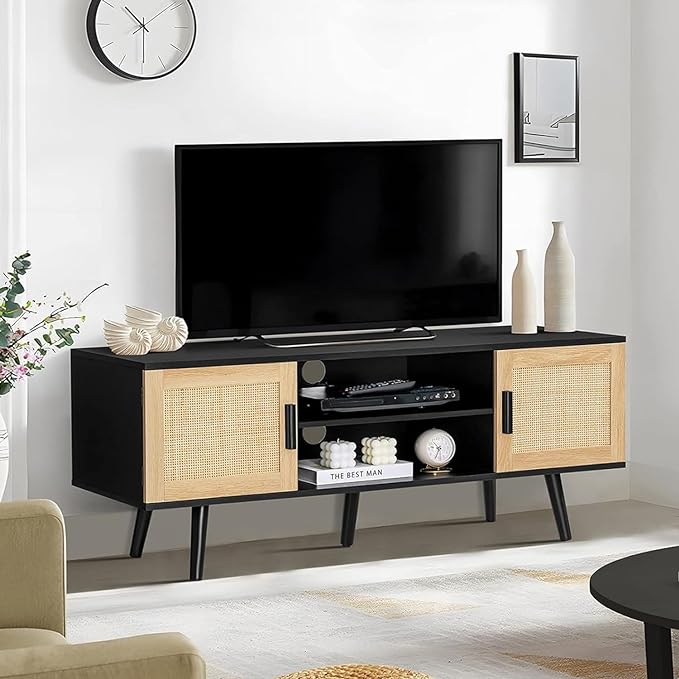 Iwell Rattan TV Stand for 60 Inch TV, Entertainment Center with 2 Cabinets & Adjustable Shelf, Rattan TV Console, Media Console for Living Room, Black+Natural - LeafyLoom