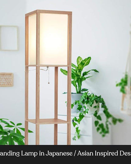 Brightech Maxwell - Modern Shelf Floor Lamp with Lamp Shade and LED Bulb - Corner Display Floor Lamps with Shelves for Living Room, Bedroom and Office - Natural Wood - LeafyLoom