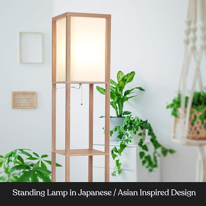 Brightech Maxwell - Modern Shelf Floor Lamp with Lamp Shade and LED Bulb - Corner Display Floor Lamps with Shelves for Living Room, Bedroom and Office - Natural Wood - LeafyLoom