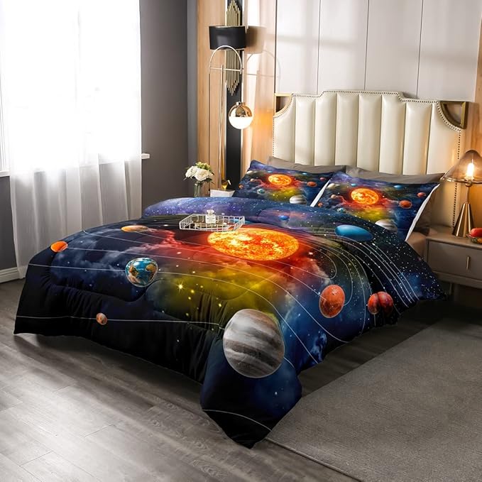 Erosebridal Solar System Bedding Set Queen Galaxy Space Comforter Set for Kids Boys Toddler Outer Space Room Decor Nebula Planets Orbit Comforter Celestial Universe Stars Quilt Duvet 2 Pillowcases - LeafyLoom