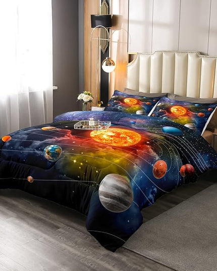 Erosebridal Solar System Bedding Set Full Galaxy Space Comforter Set for Kids Boys Toddler Outer Space Room Decor Nebula Planets Orbit Comforter Celestial Universe Stars Quilt Duvet 2 Pillowcases - LeafyLoom