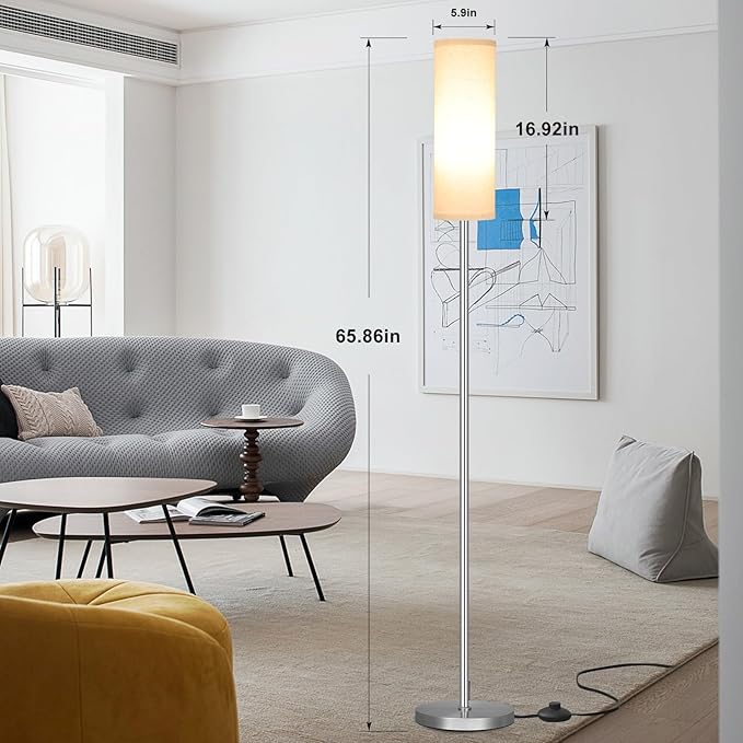 Ambimall Floor Lamp for Living Room - Pole Lamps for Bedrooms, Silver Standing Lamps with Beige Shade, 66'' Tall Lamp for Office, Minimalist Floor Lamp for Home Decor - LeafyLoom