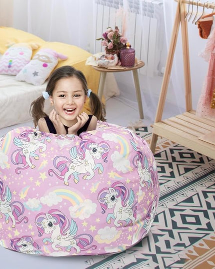 Stuffed Animal Storage Bean Bag Chair Cover, Hold Kids Plush Toys Blankets Towels Beanbag (Cover Only), Canvas Floor Circle Stuff Sit Seat Sofa with YKK Zipper, Extra Large 38", Unicorn - LeafyLoom
